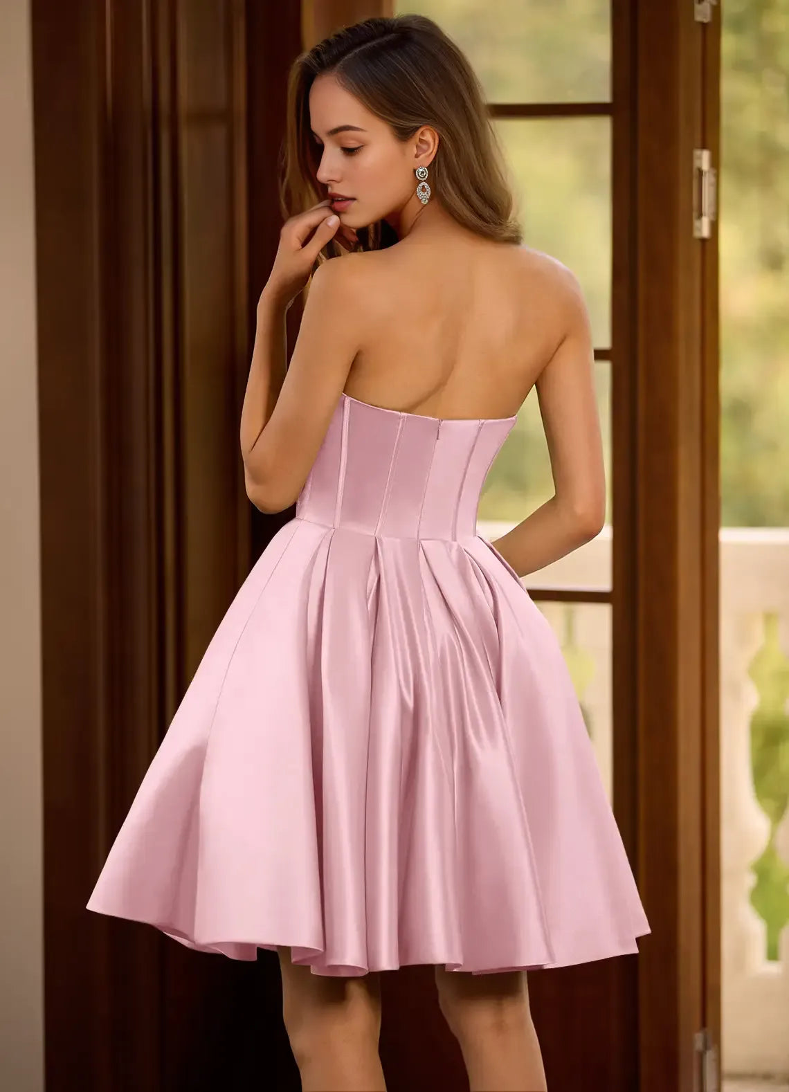Elegant Pink Satin Homecoming Dress Strapless Rhinestone Encrusted Neckline Flared Skirt for a Classy Ensemble