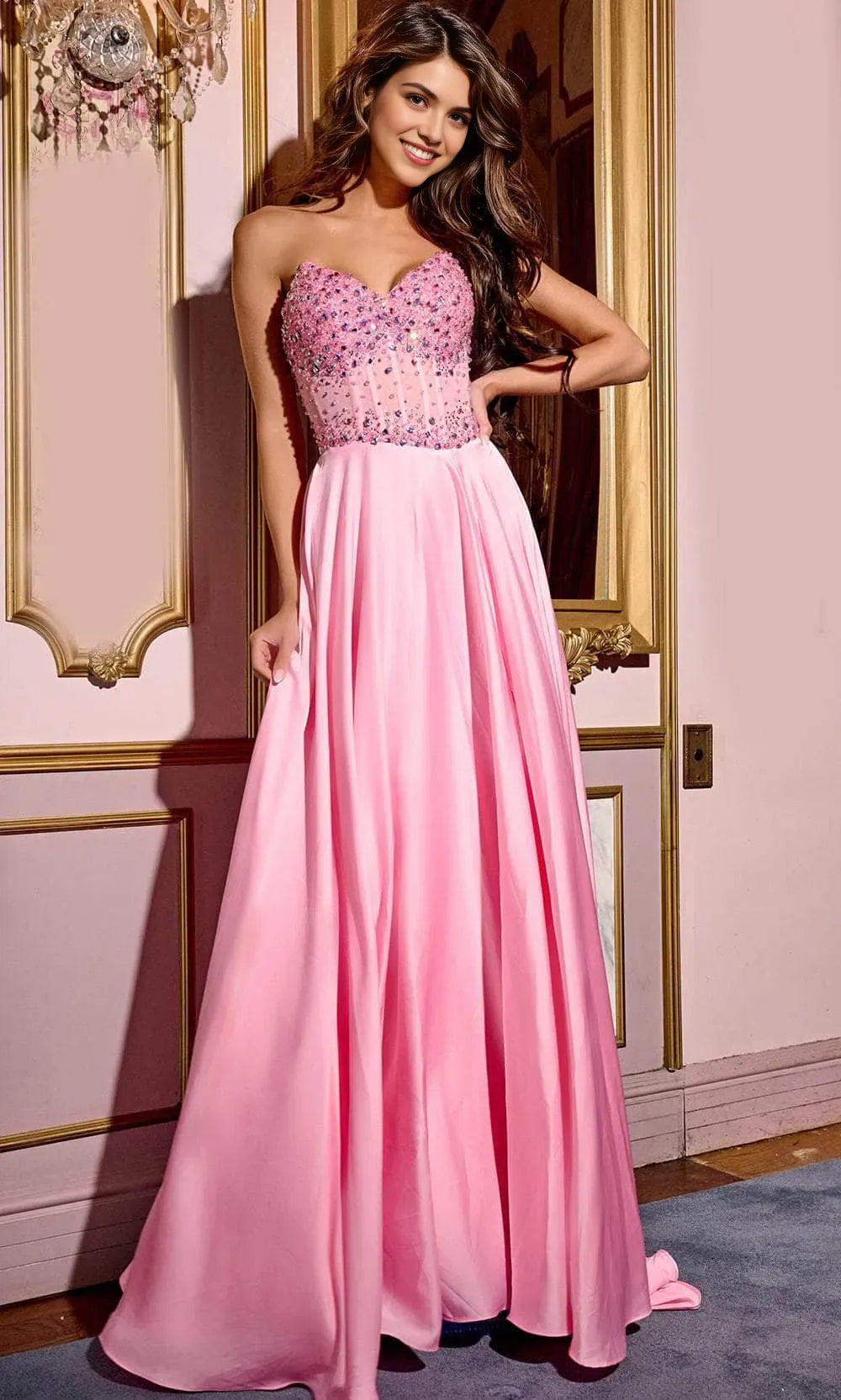 Elegant Pink Satin Prom Dress with Strapless Rhinestone  Embellished Bodice Sweetheart Neckline & Flowy Skirt for Formal Galas