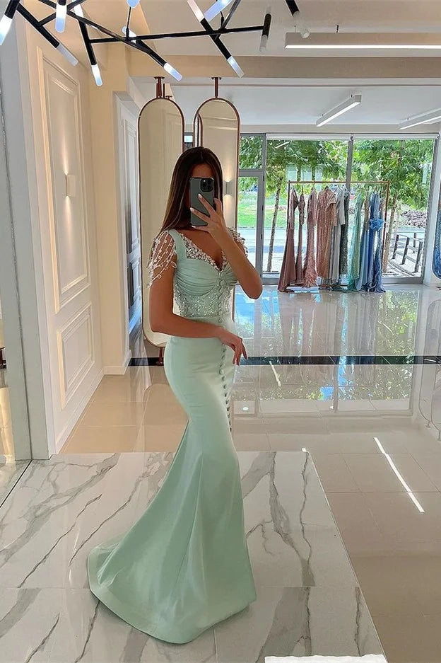 Elegant Playful Mermaid Cap Sleeve Beaded Mint Party Dress