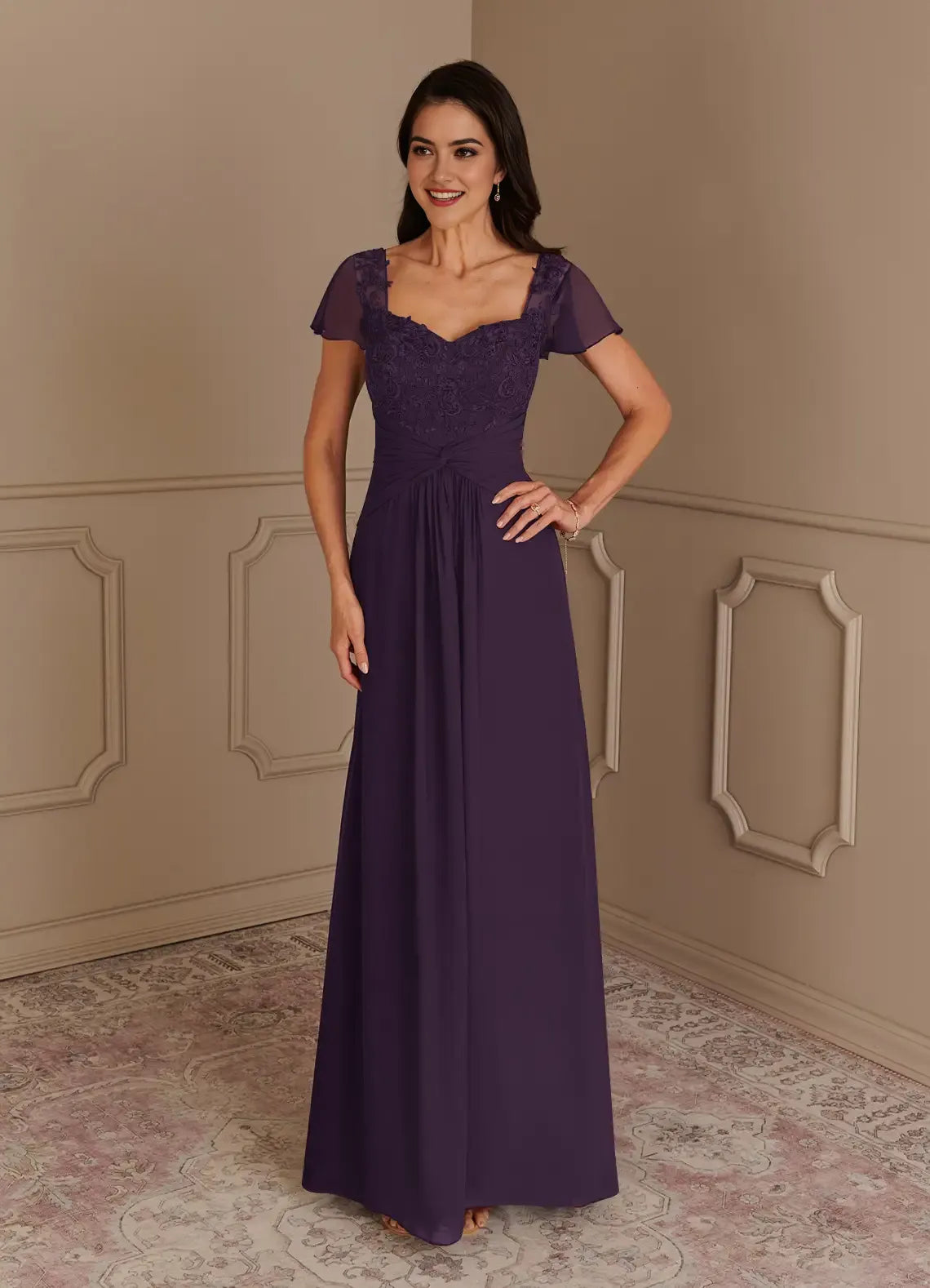 Elegant Plum A-Line Lace Chiffon  Mother of the Bride Dress Sweetheart Neckline Sheer Chiffon Short Sleeves Lace - Embroidered Bodice Flowy Skirt