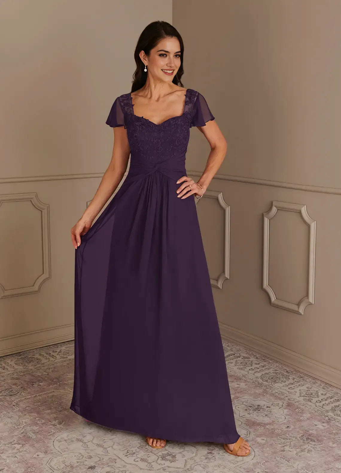 Elegant Plum A-Line Lace Chiffon  Mother of the Bride Dress Sweetheart Neckline Sheer Chiffon Short Sleeves Lace - Embroidered Bodice Flowy Skirt