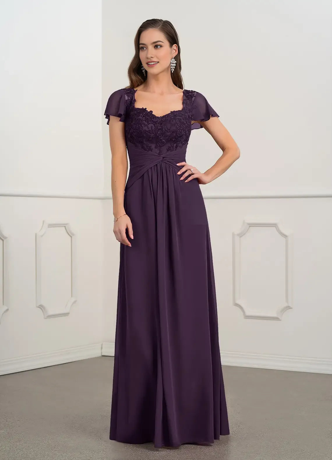 Elegant Plum A-Line Lace Chiffon  Mother of the Bride Dress Sweetheart Neckline Sheer Chiffon Short Sleeves Lace - Embroidered Bodice Flowy Skirt