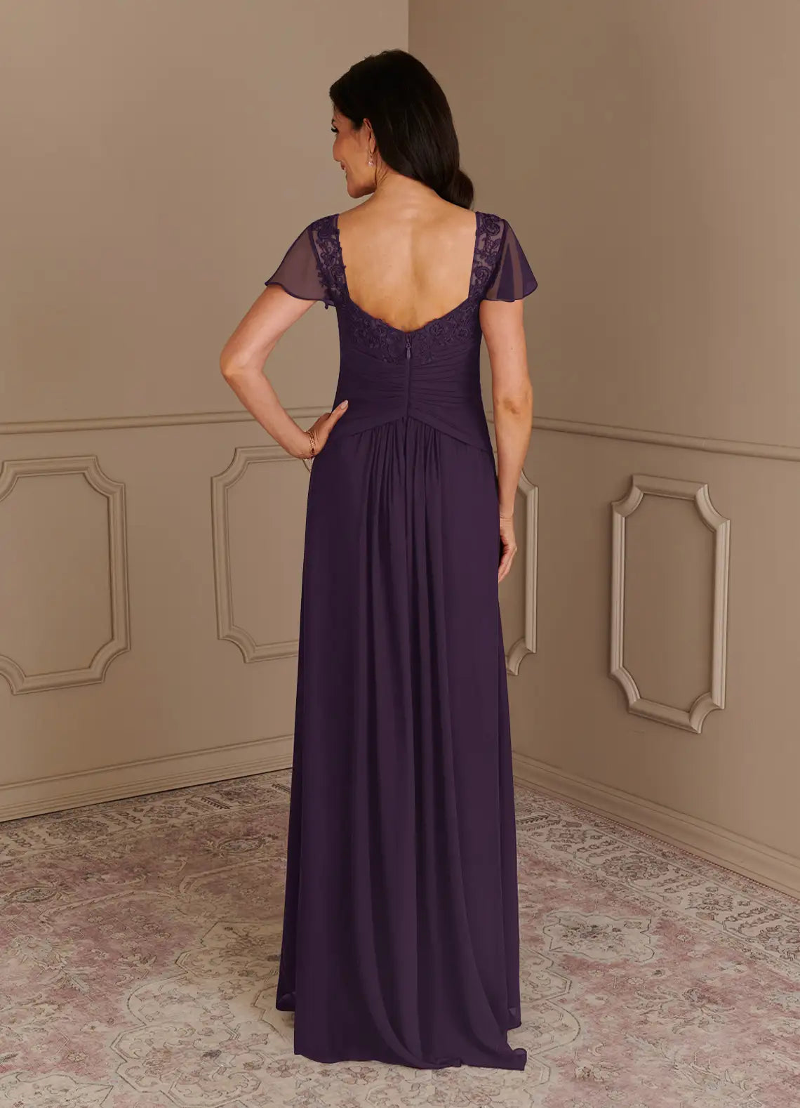 Elegant Plum A-Line Lace Chiffon  Mother of the Bride Dress Sweetheart Neckline Sheer Chiffon Short Sleeves Lace - Embroidered Bodice Flowy Skirt