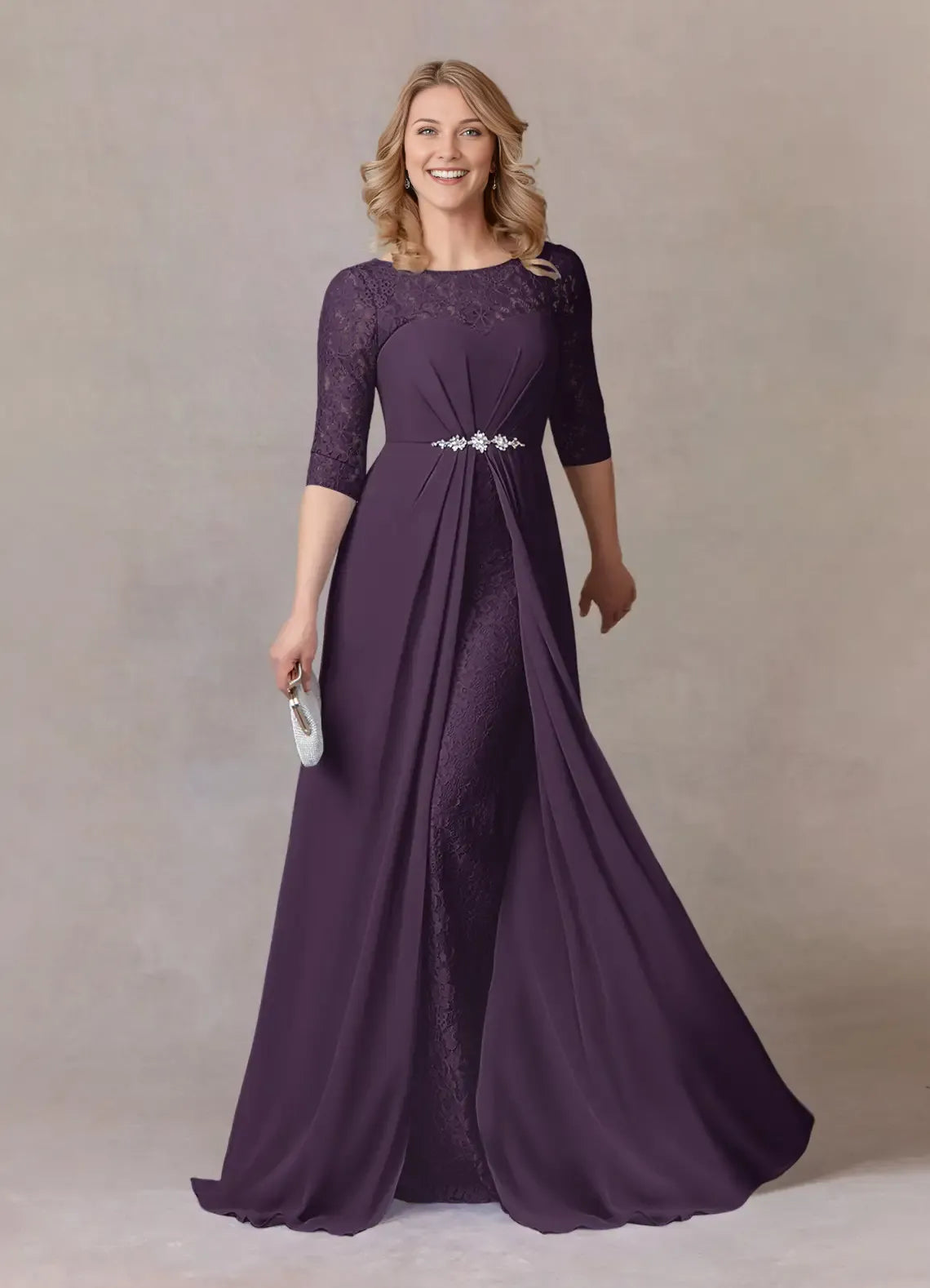 Elegant Plum A-Line Scoop lace Chiffon Mother of the Bride Dress with Lace Overlay Boat Neckline 3/4 Sleeves