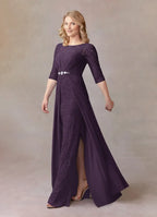 Elegant Plum A-Line Scoop lace Chiffon Mother of the Bride Dress with Lace Overlay Boat Neckline 3/4 Sleeves
