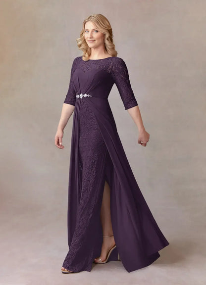 Elegant Plum A-Line Scoop lace Chiffon Mother of the Bride Dress with Lace Overlay Boat Neckline 3/4 Sleeves