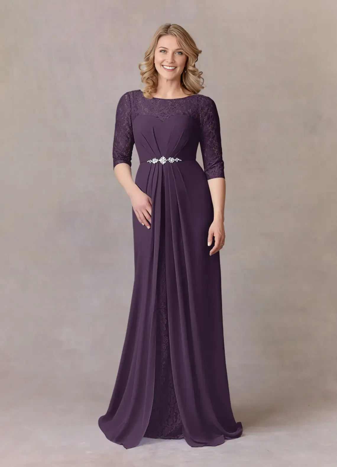 Elegant Plum A-Line Scoop lace Chiffon Mother of the Bride Dress with Lace Overlay Boat Neckline 3/4 Sleeves