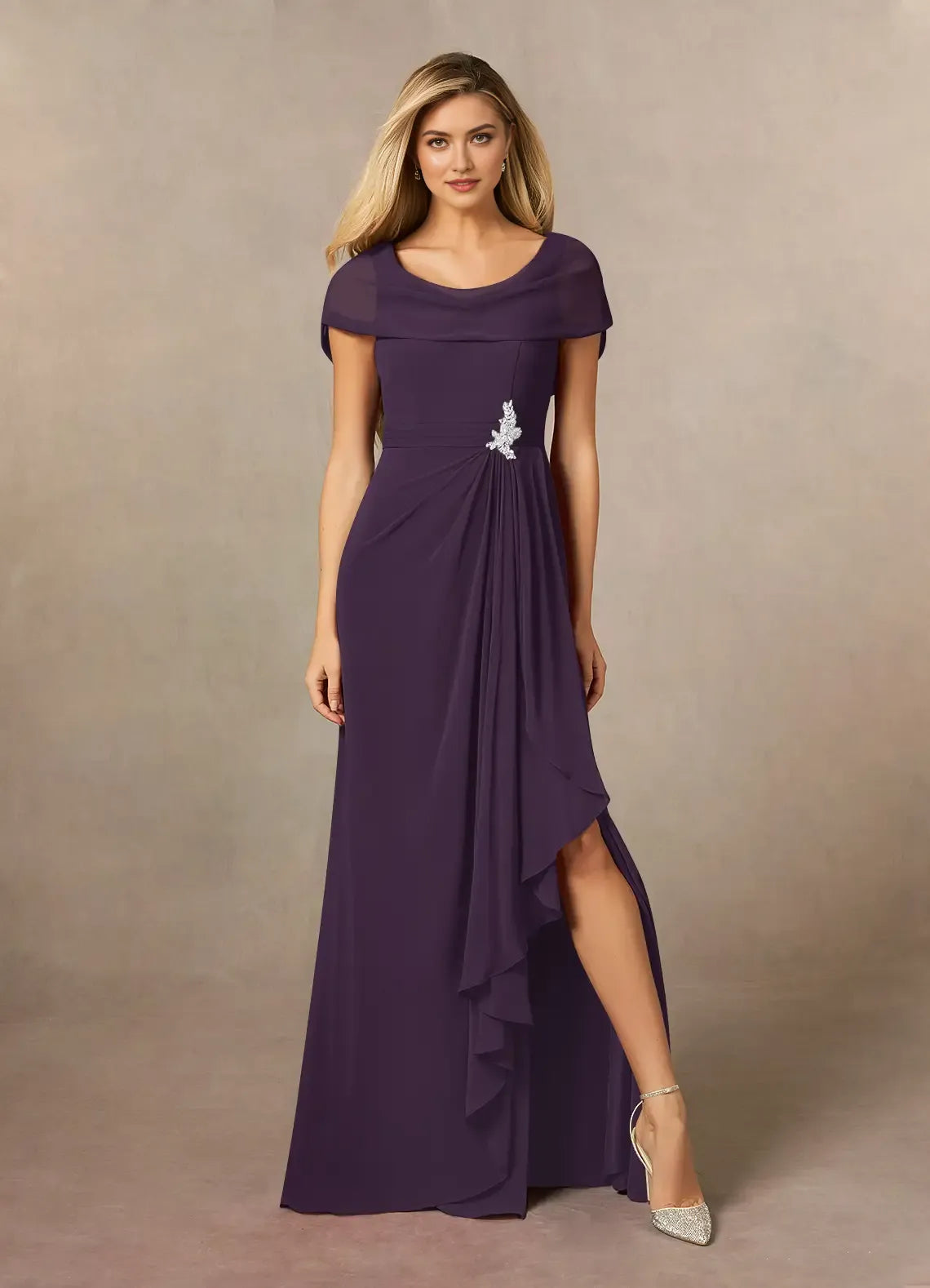 Elegant Plum A-Line Side Slit Chiffon Mother of the Bride Dresses Ruched Ruffle Slit Embellished Detail  for women