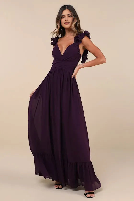 Elegant Plum Chiffon Evening Dress with Deep V - Neck Ruffled Straps Tiered Maxi Skirt Perfect for Sophisticated Formal Galas