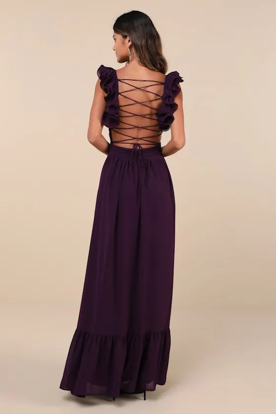 Elegant Plum Chiffon Evening Dress with Deep V - Neck Ruffled Straps Tiered Maxi Skirt Perfect for Sophisticated Formal Galas