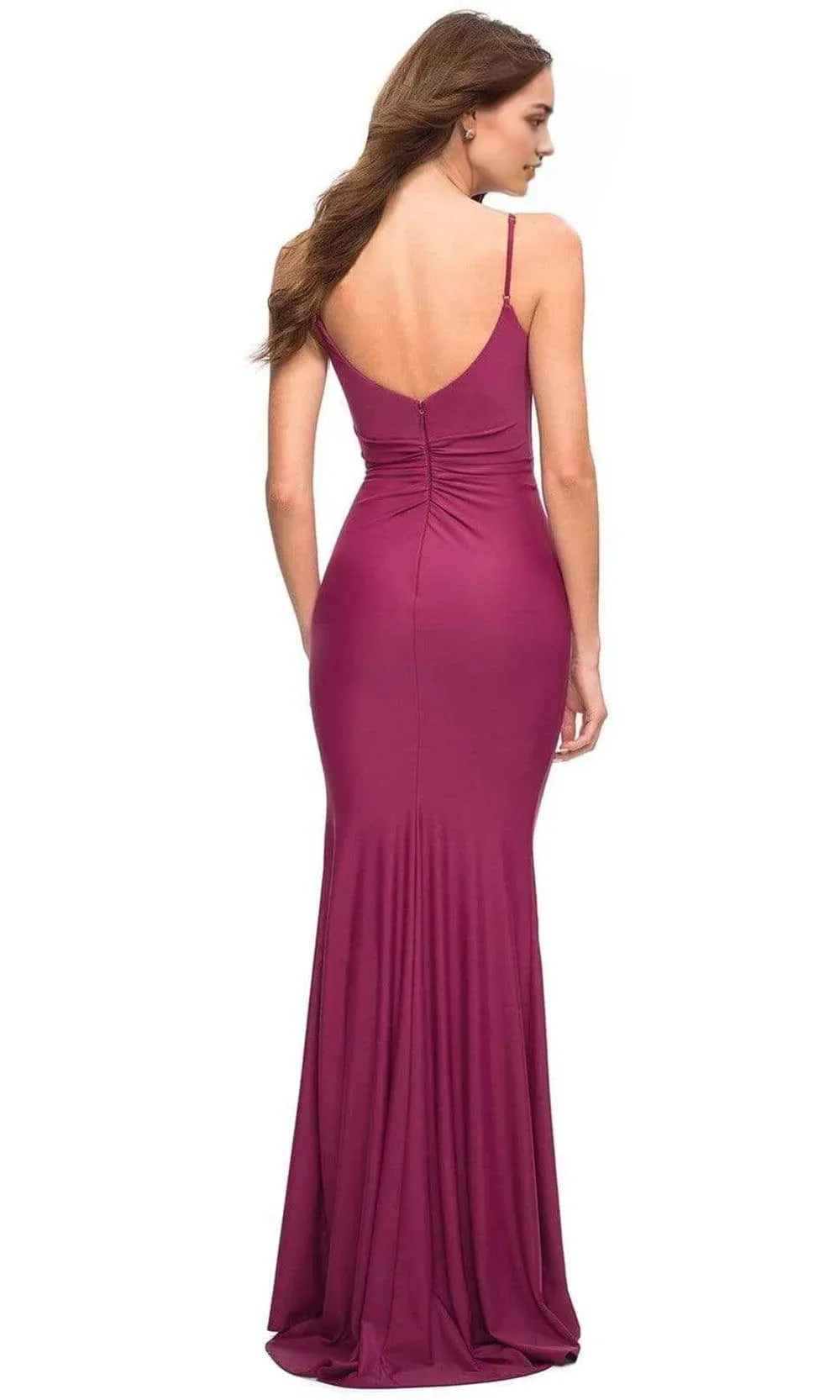 Elegant Plum Colored Jersey Mermaid Prom Dress with Spaghetti Straps and Draped Bodice