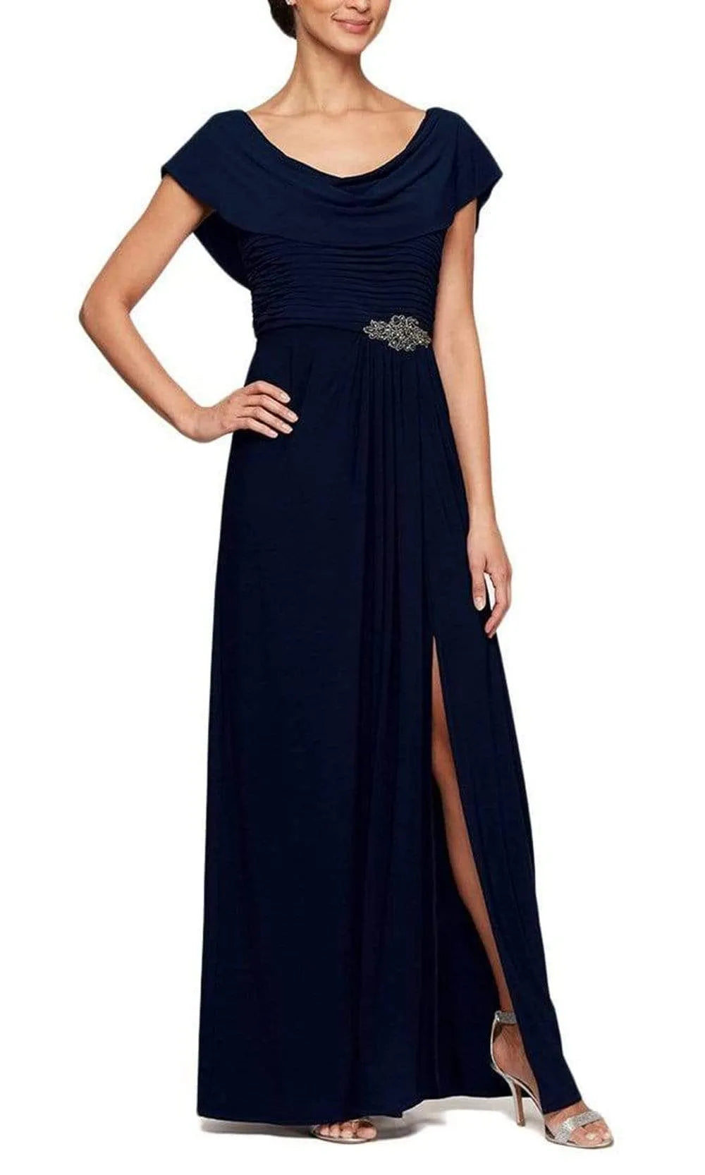 Elegant Plum Cowl Neck Evening Dress with Ruched Bodice Embellished Belt and Side Slit for Formal Occasions