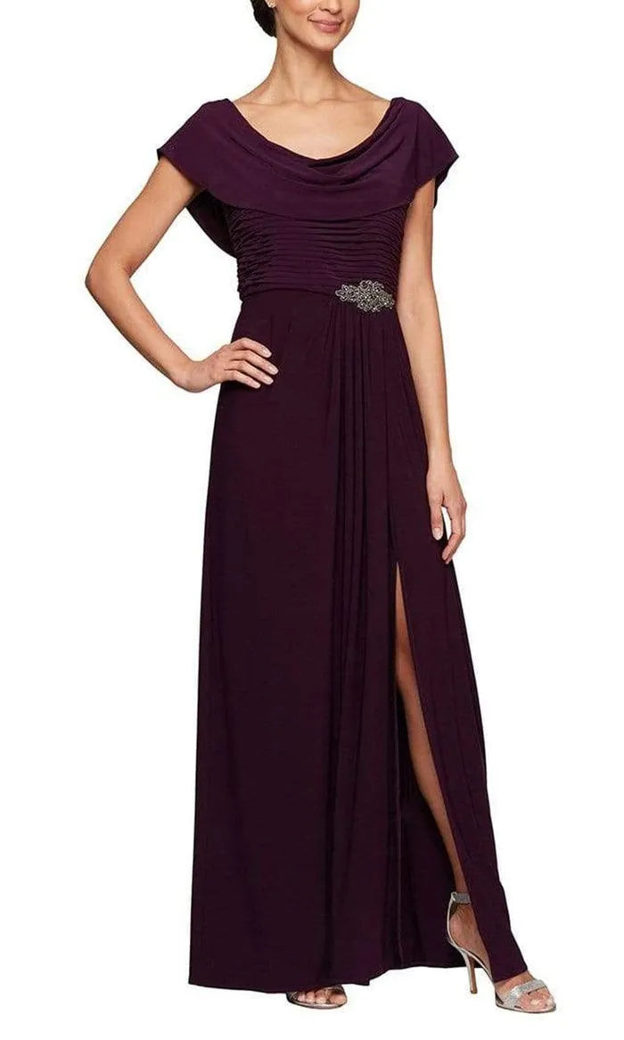 Elegant Plum Cowl Neck Evening Dress with Ruched Bodice Embellished Belt and Side Slit for Formal Occasions