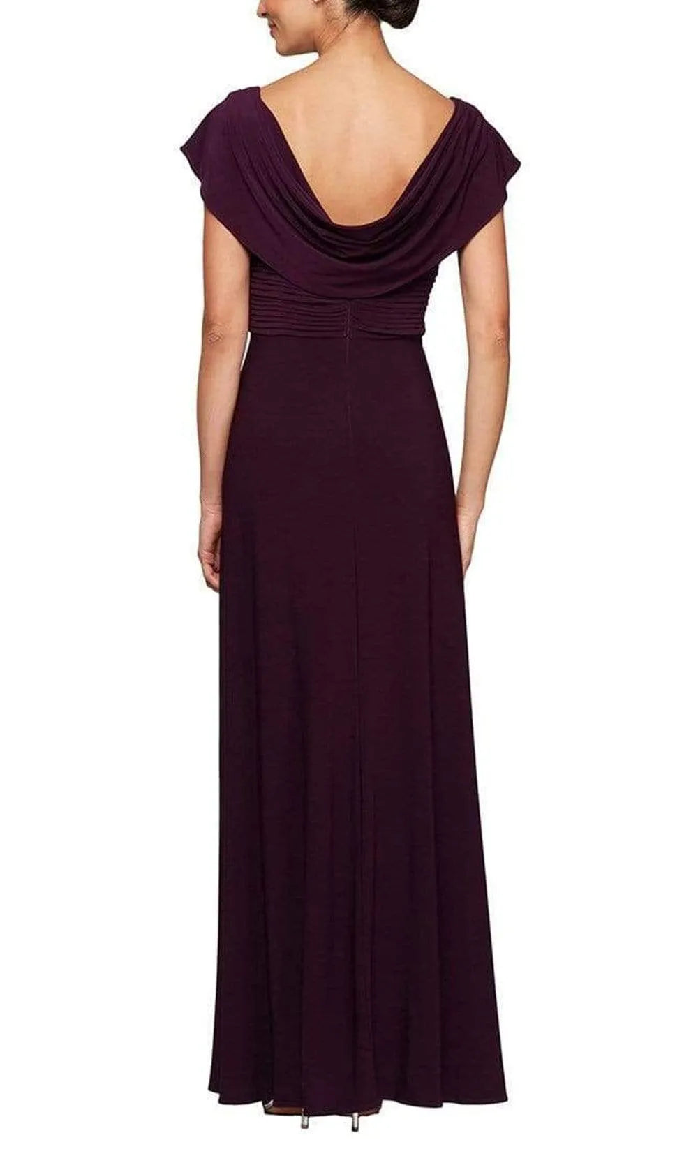 Elegant Plum Cowl Neck Evening Dress with Ruched Bodice Embellished Belt and Side Slit for Formal Occasions