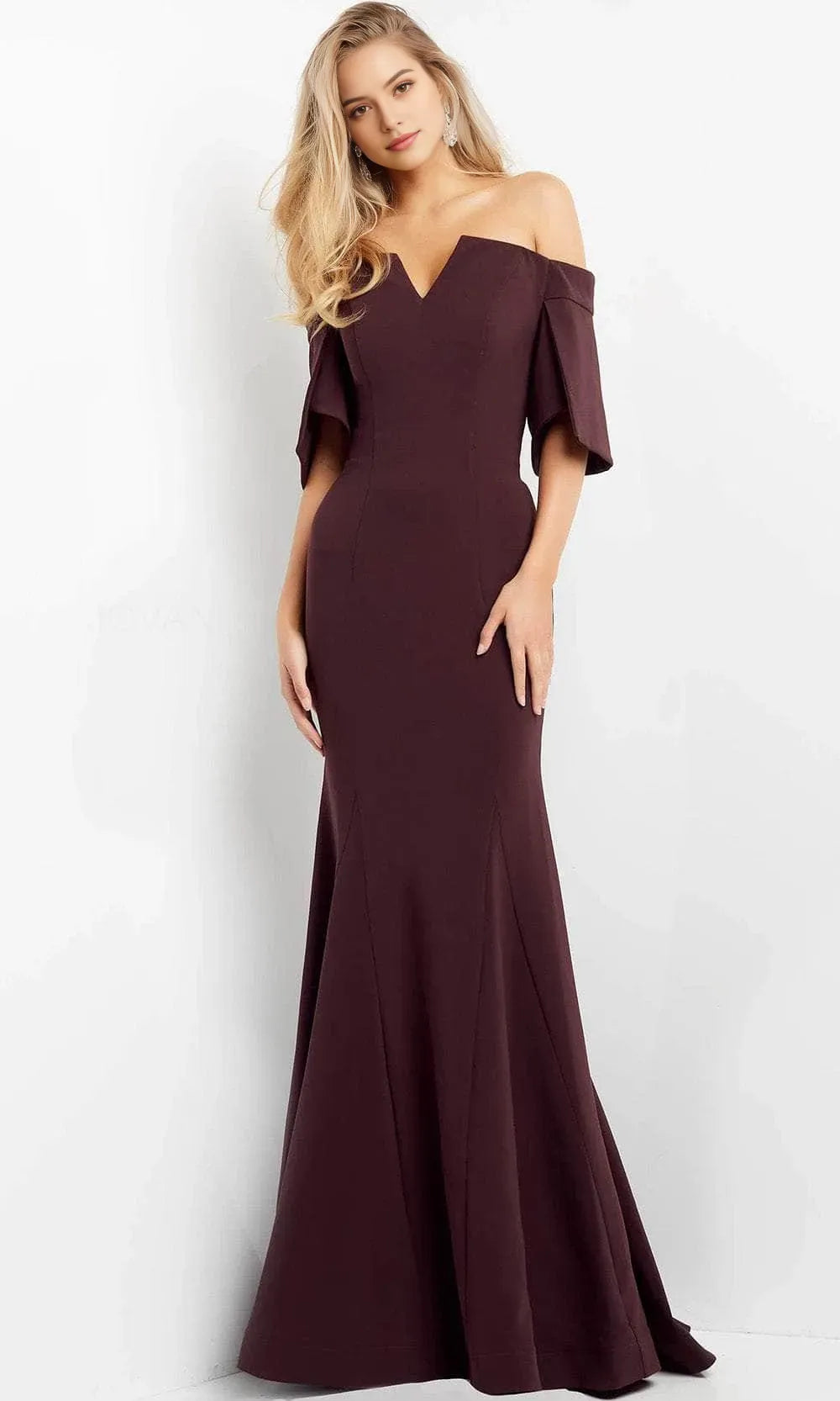 Elegant Plum Off - Shoulder Mermaid Evening Dress with Flutter Sleeves for Formal Occasions