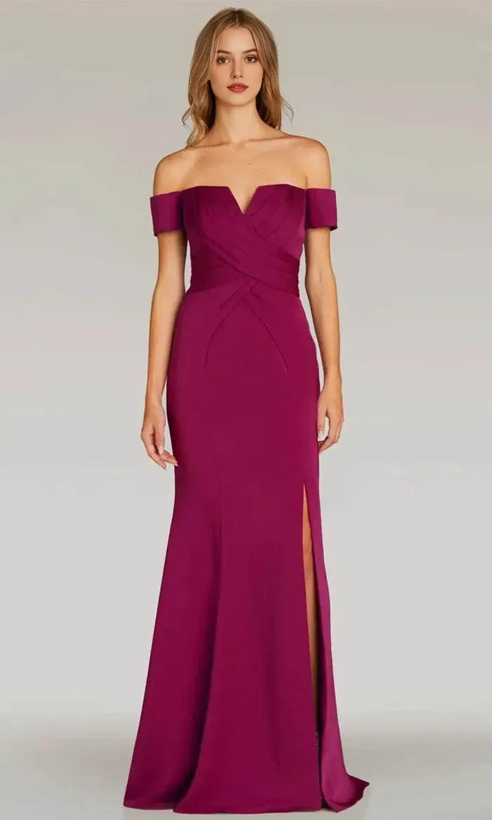 Elegant Plum Off Shoulder Mermaid Evening Dress with Cross  Draped Bodice and High Side Slit