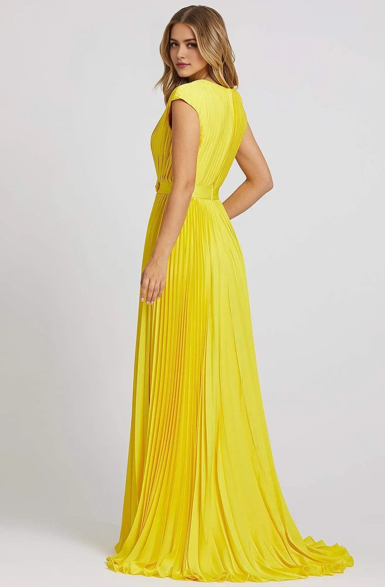 Elegant Plum Pleated Prom Dress with Deep V Neck Cap Sleeves and Belted Waist Perfect for Formal Evening Occasions