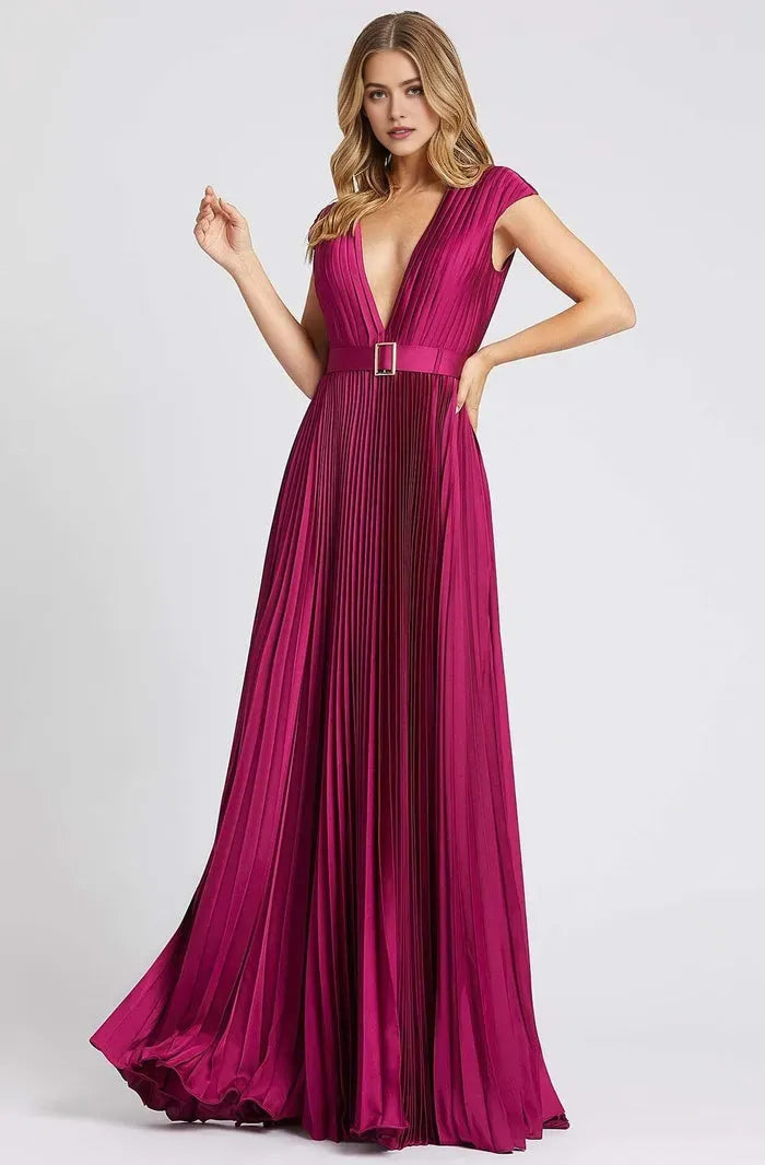 Elegant Plum Pleated Prom Dress with Deep V Neck Cap Sleeves and Belted Waist Perfect for Formal Evening Occasions