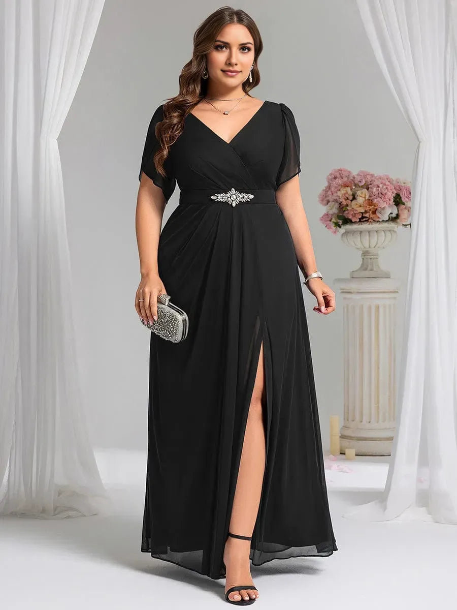Elegant Plus-Size A-Line V -Neck Flutter Sleeve Back Zip Waist Decoration Ruched Bodice Slit Floor-Length Prom Dresses