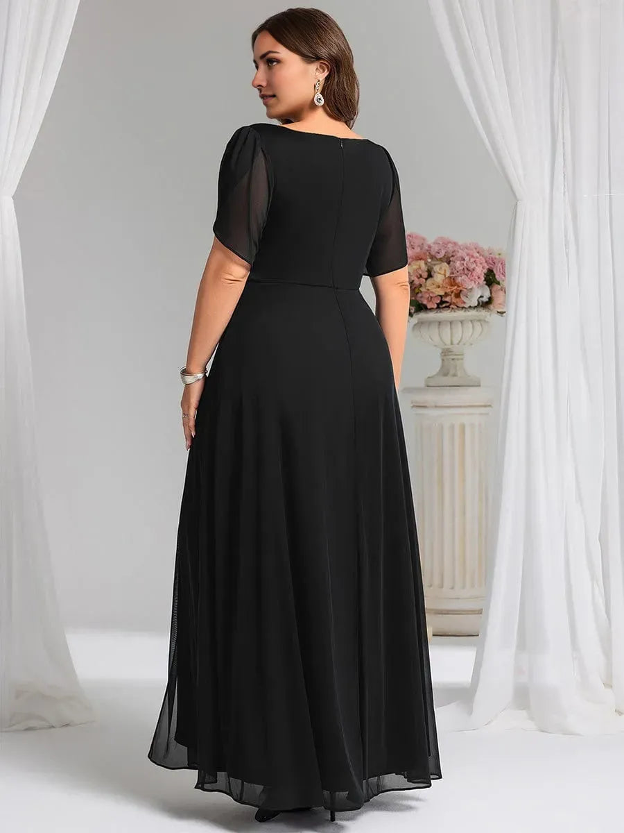 Elegant Plus-Size A-Line V -Neck Flutter Sleeve Back Zip Waist Decoration Ruched Bodice Slit Floor-Length Prom Dresses