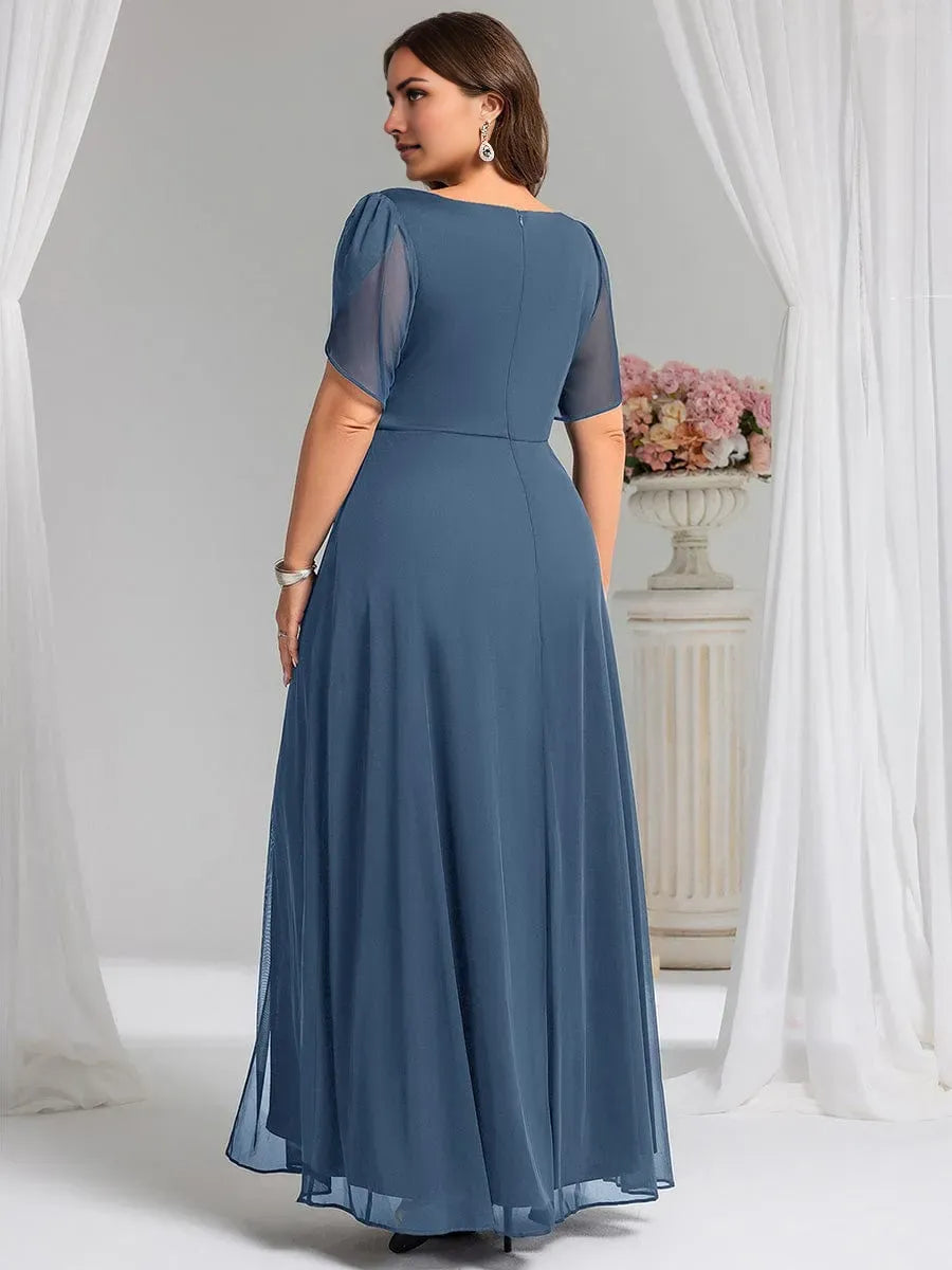 Elegant Plus-Size A-Line V -Neck Flutter Sleeve Back Zip Waist Decoration Ruched Bodice Slit Floor-Length Prom Dresses