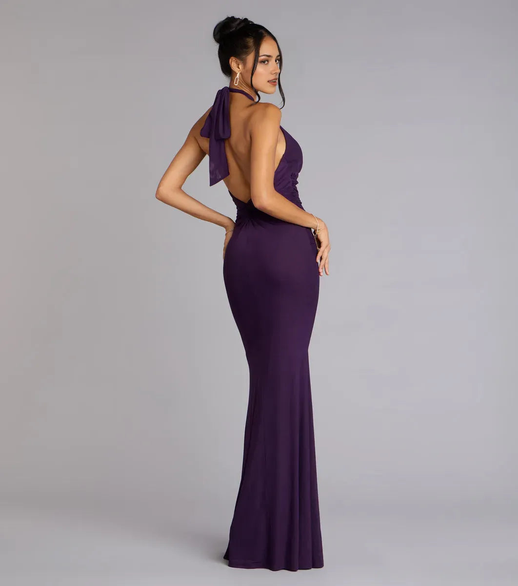 Elegant Purple Mermaid Halter-Neck Sleeveless Tie Back Floor-Length Cut Out Satin Prom Dresses