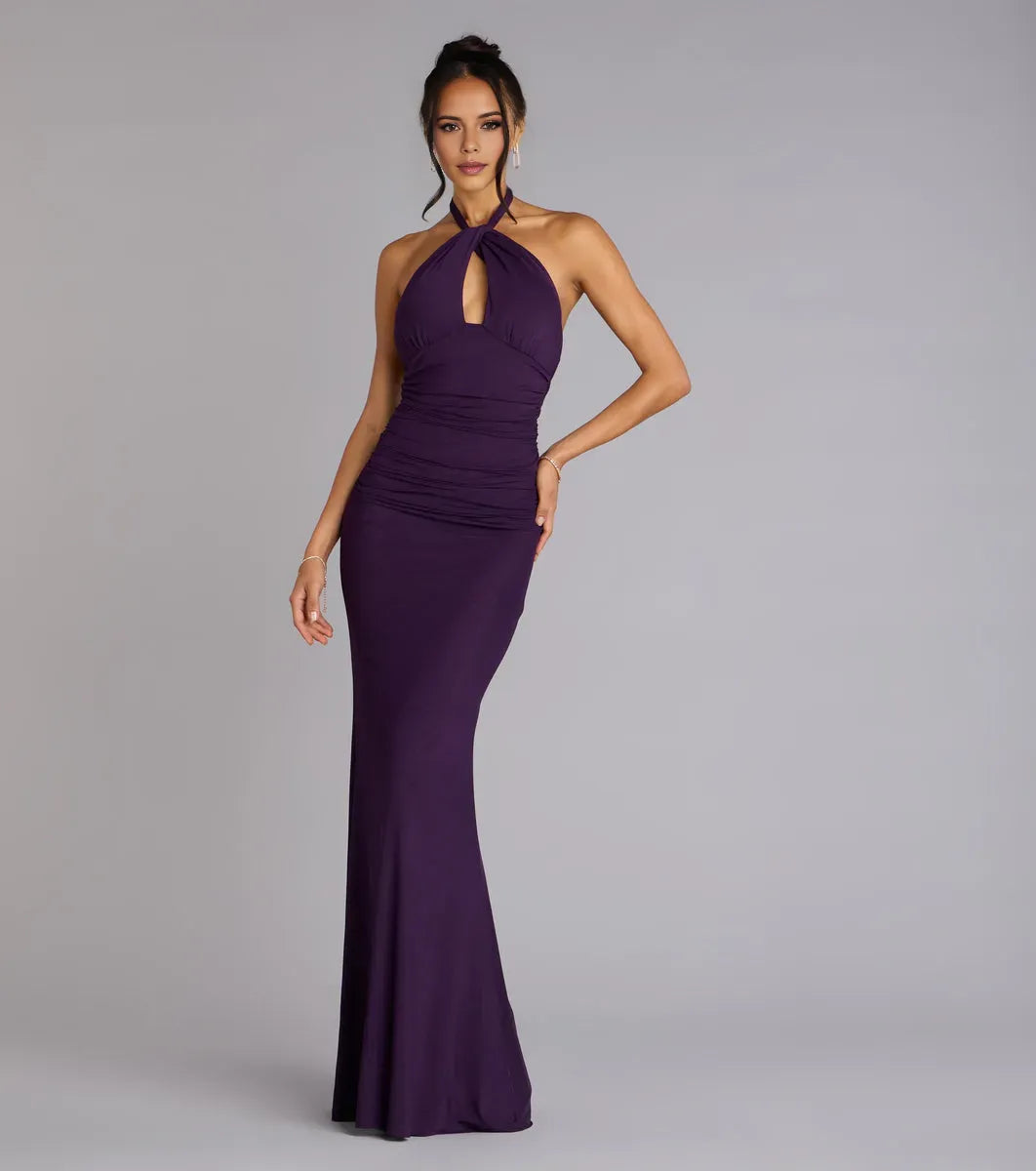 Elegant Purple Mermaid Halter Neck Sleeveless Keyhole Open back Ruched Floor-Length Prom Dresses