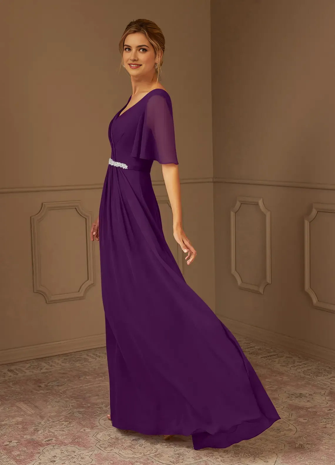 Elegant Purple Mother of the Bride Dress with V - Neck Chiffon Flutter Sleeves Embellished Waistband Ruched Bodice  Sparkling Detail