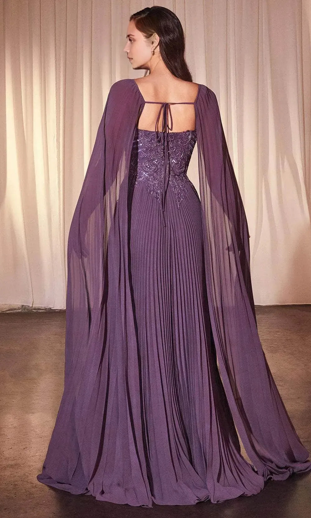 Elegant Purple Pleated Prom Gown with Embroidered Bodice and Cape Sleeves Perfect for Formal Balls Galas