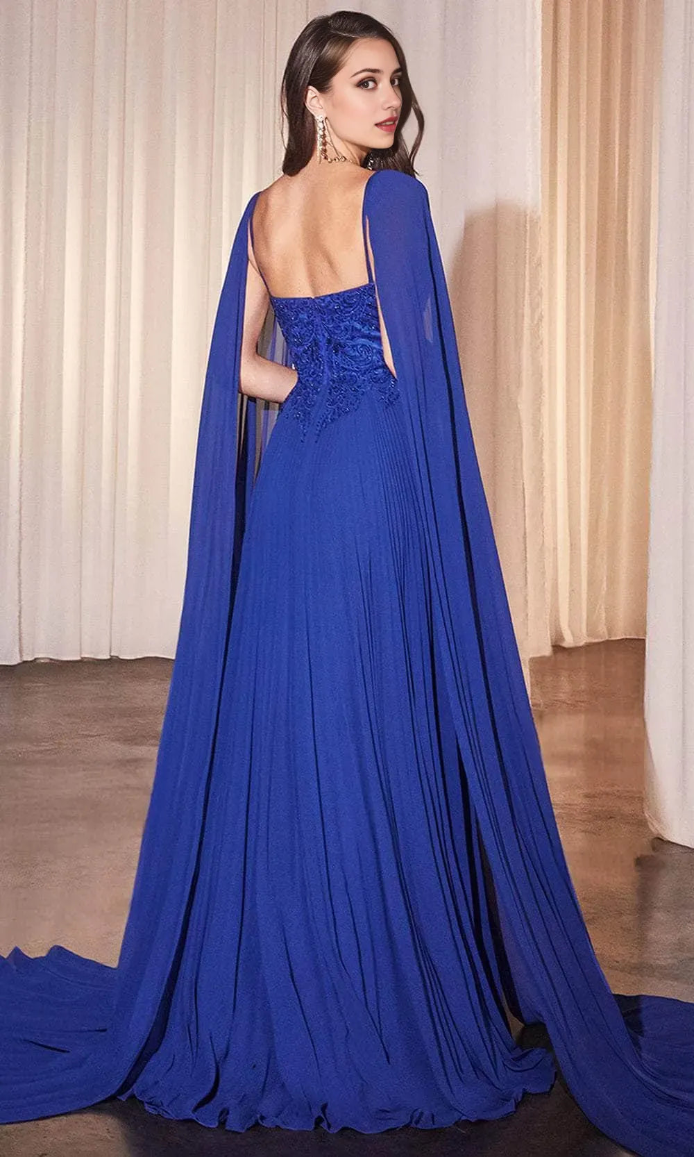 Elegant Purple Pleated Prom Gown with Embroidered Bodice and Cape Sleeves Perfect for Formal Balls Galas