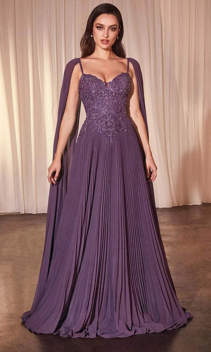 Elegant Purple Pleated Prom Gown with Embroidered Bodice and Cape Sleeves Perfect for Formal Balls Galas