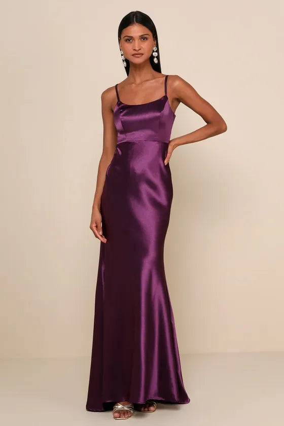 Elegant Purple Satin Prom Dresses with Spaghetti Straps  A Must Have for Prom Nights and Ballroom Events Highlighting Mermaid Shape and Satin Sheen