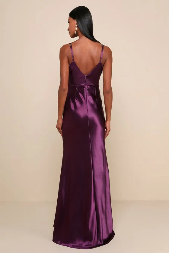 Elegant Purple Satin Prom Dresses with Spaghetti Straps  A Must Have for Prom Nights and Ballroom Events Highlighting Mermaid Shape and Satin Sheen