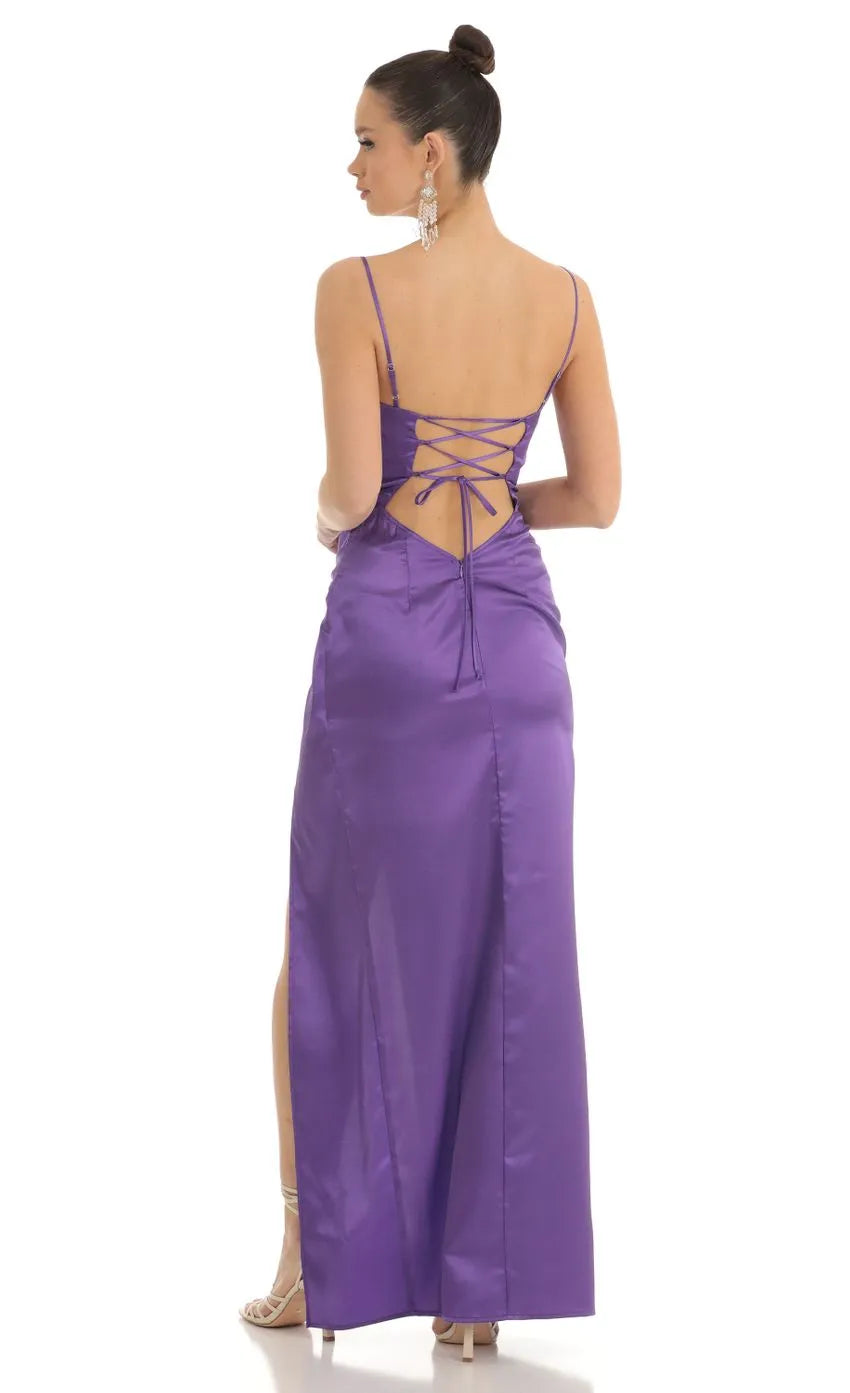 Elegant Purple Satin Prom Dress with Spaghetti Straps Cowl Neckline Side Thigh Slit Length Formal Evening Gown for Prom