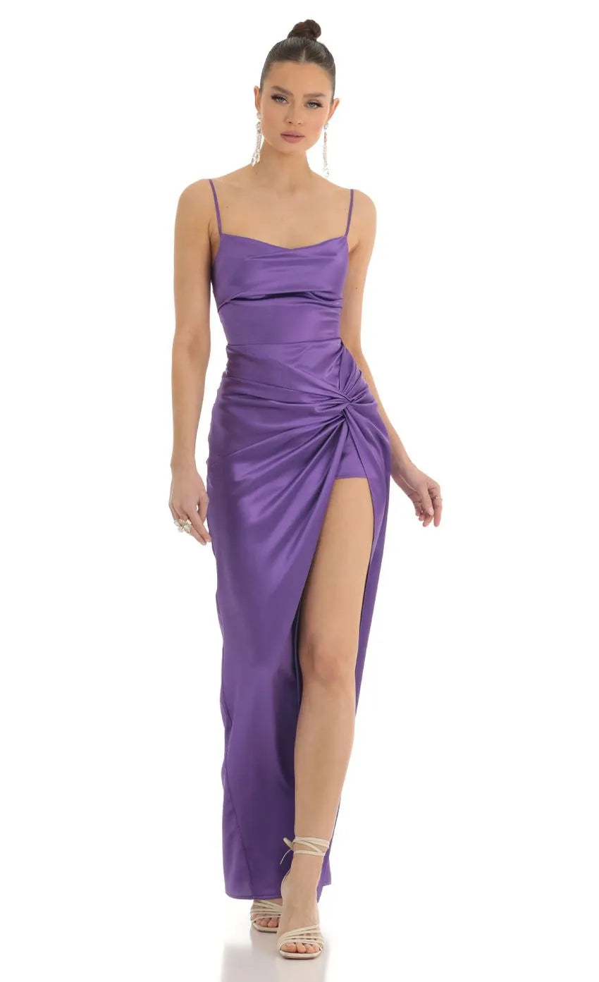 Elegant Purple Satin Prom Dress with Spaghetti Straps Cowl Neckline Side Thigh Slit Length Formal Evening Gown for Prom