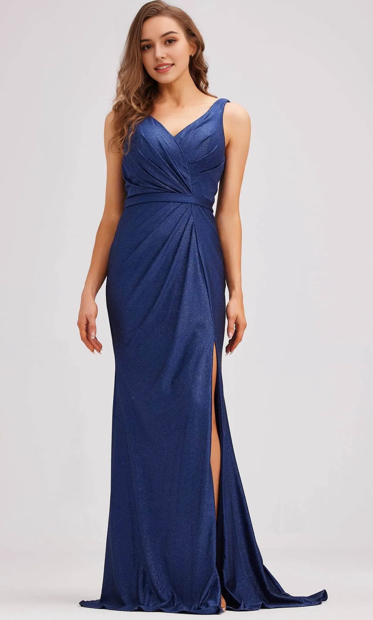 Elegant Purple Shimmering Satin Evening Dresses with V Neckline Ruched Bodice Waist Cinching Wrap Detail and High Side Slit  Perfect for Formal Galas Prom Nights and Sophisticated
