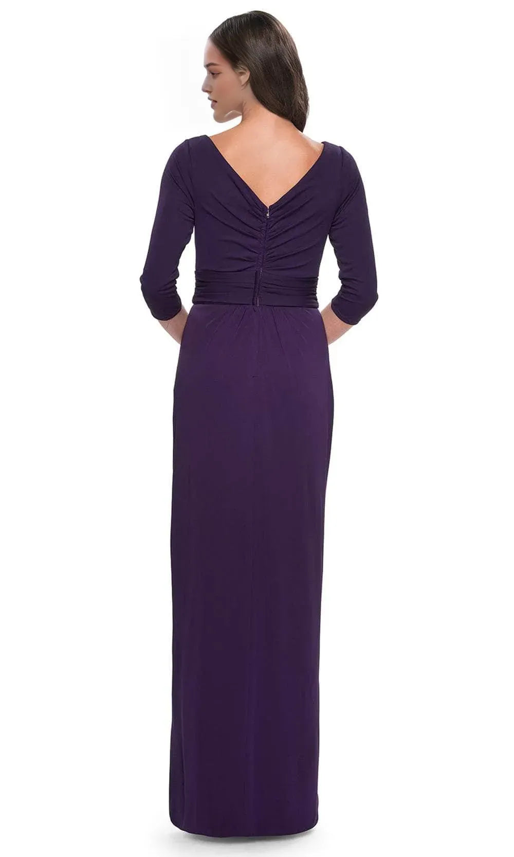 Elegant Purple V - NeckEvening Dresses with 3/4 Sleeves Wrap Style Bodice and Draped Skirt for Formal Occasions