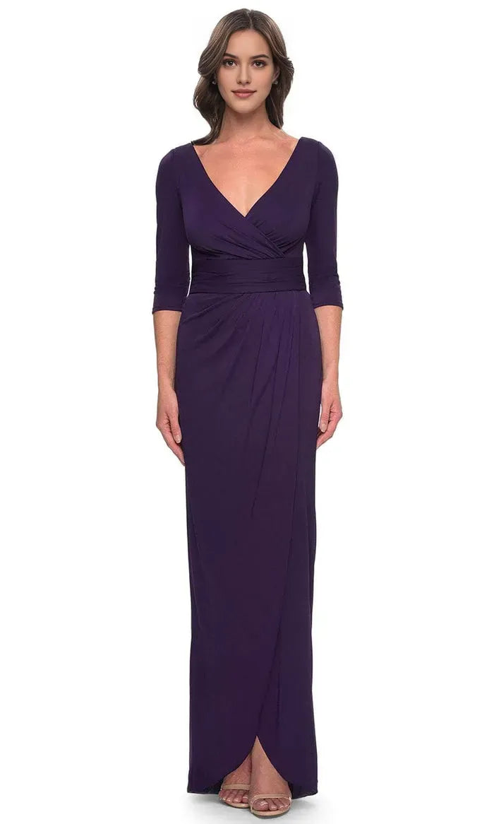 Elegant Purple V - NeckEvening Dresses with 3/4 Sleeves Wrap Style Bodice and Draped Skirt for Formal Occasions