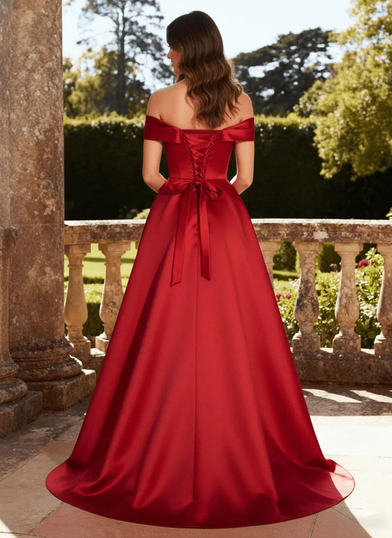 Elegant Red A-Line Off-Shoulder Sleeveless Satin Lace-Up Back Floor-Length Prom Dress Hot sale