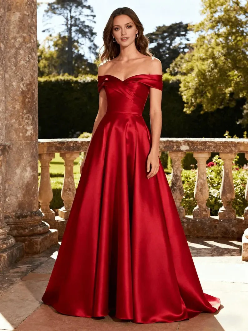 Elegant Red A-Line Off-Shoulder Sleeveless Satin Lace-Up Back Floor-Length Prom Dress Hot sale