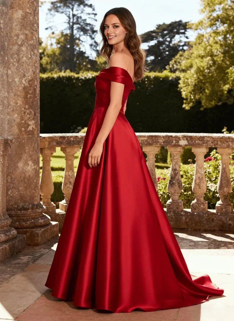 Elegant Red A-Line Off-Shoulder Sleeveless Satin Lace-Up Back Floor-Length Prom Dress Hot sale