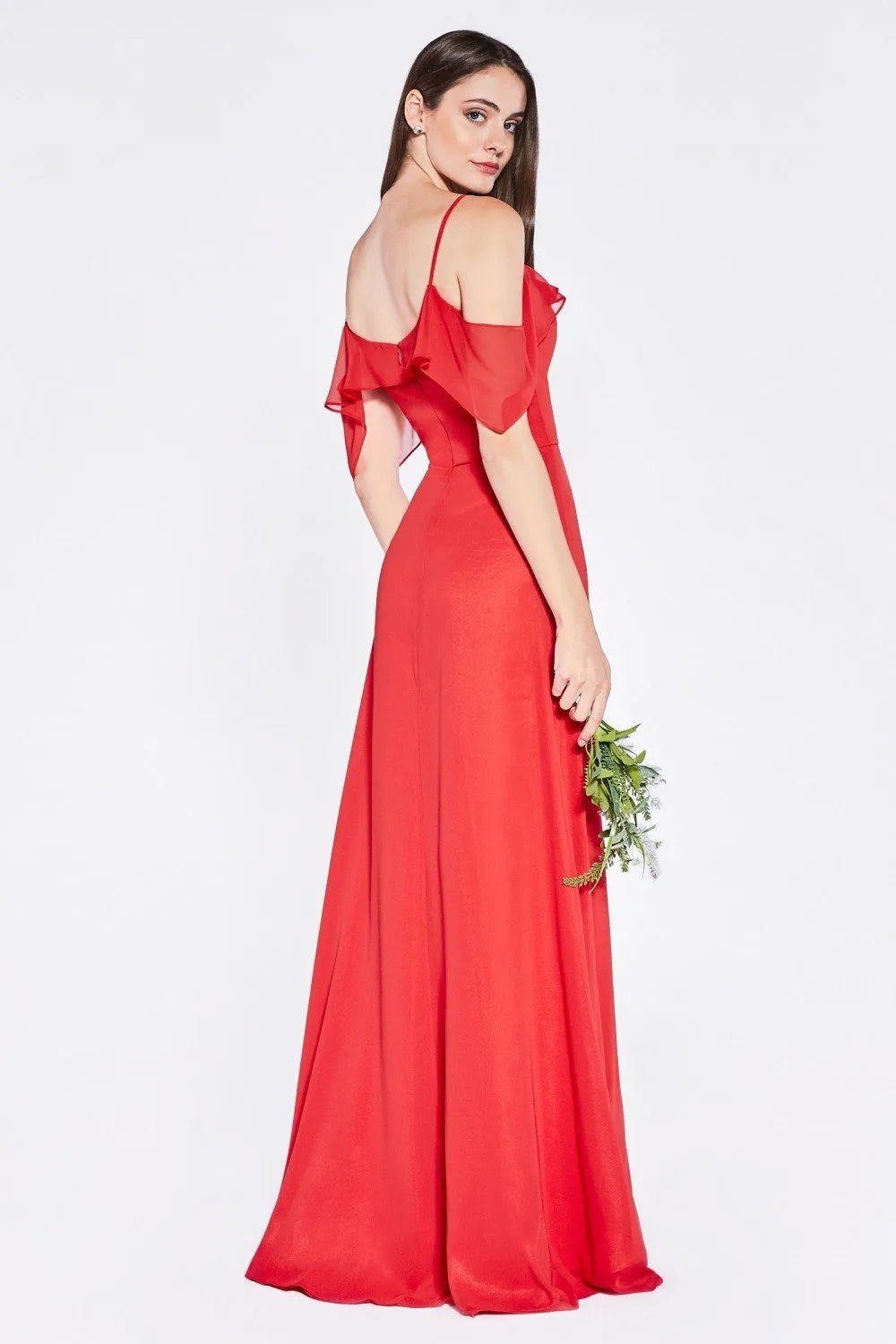 Elegant Red Chiffon Prom Dress with Off - Shoulder Ruffled Straps and Flowy Maxi Silhouette for Formal Occasions