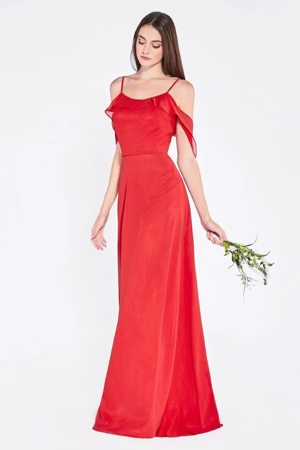 Elegant Red Chiffon Prom Dress with Off - Shoulder Ruffled Straps and Flowy Maxi Silhouette for Formal Occasions