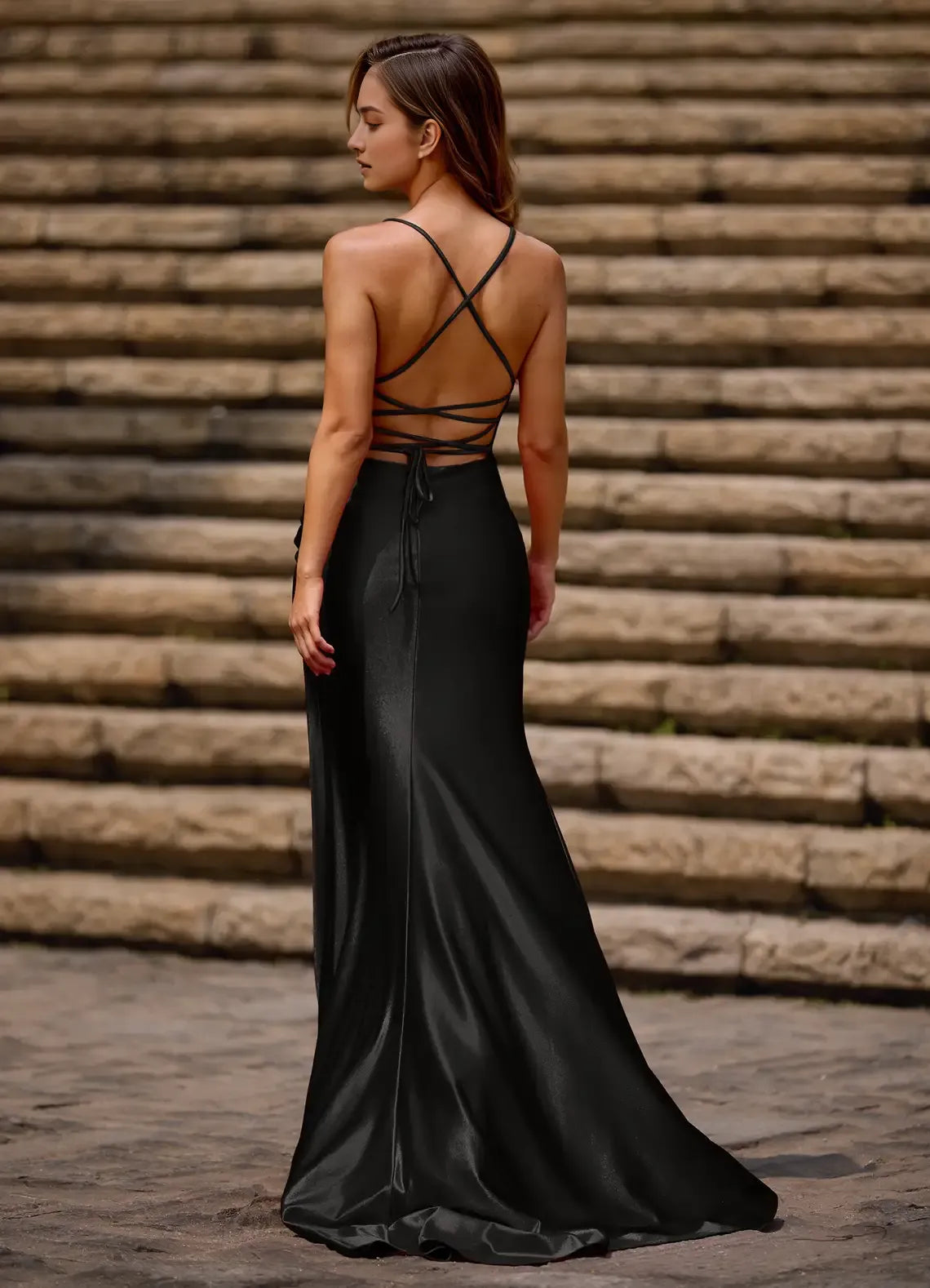 Elegant Red Column Square Neckline Sleeveless Crisscross Lace Up High-Side Leg Slit  Floor-Length Prom Dress with Pleated