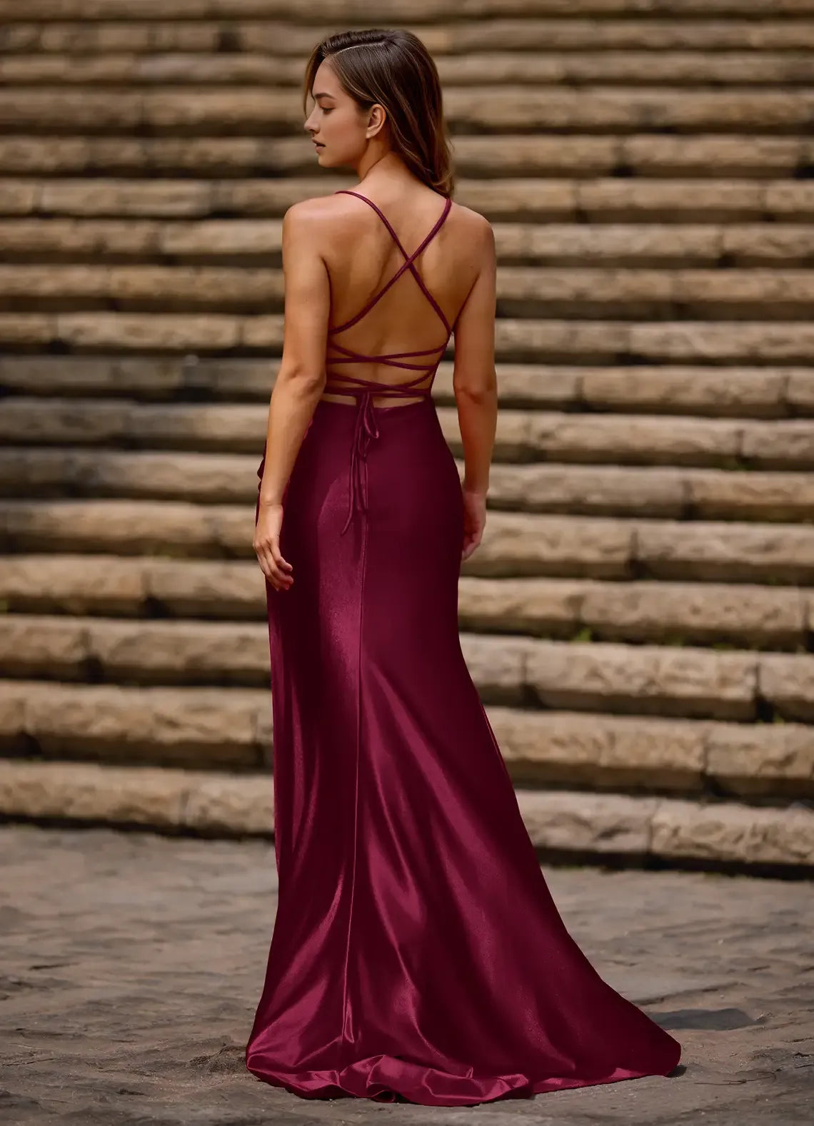 Elegant Red Column Square Neckline Sleeveless Crisscross Lace Up High-Side Leg Slit  Floor-Length Prom Dress with Pleated
