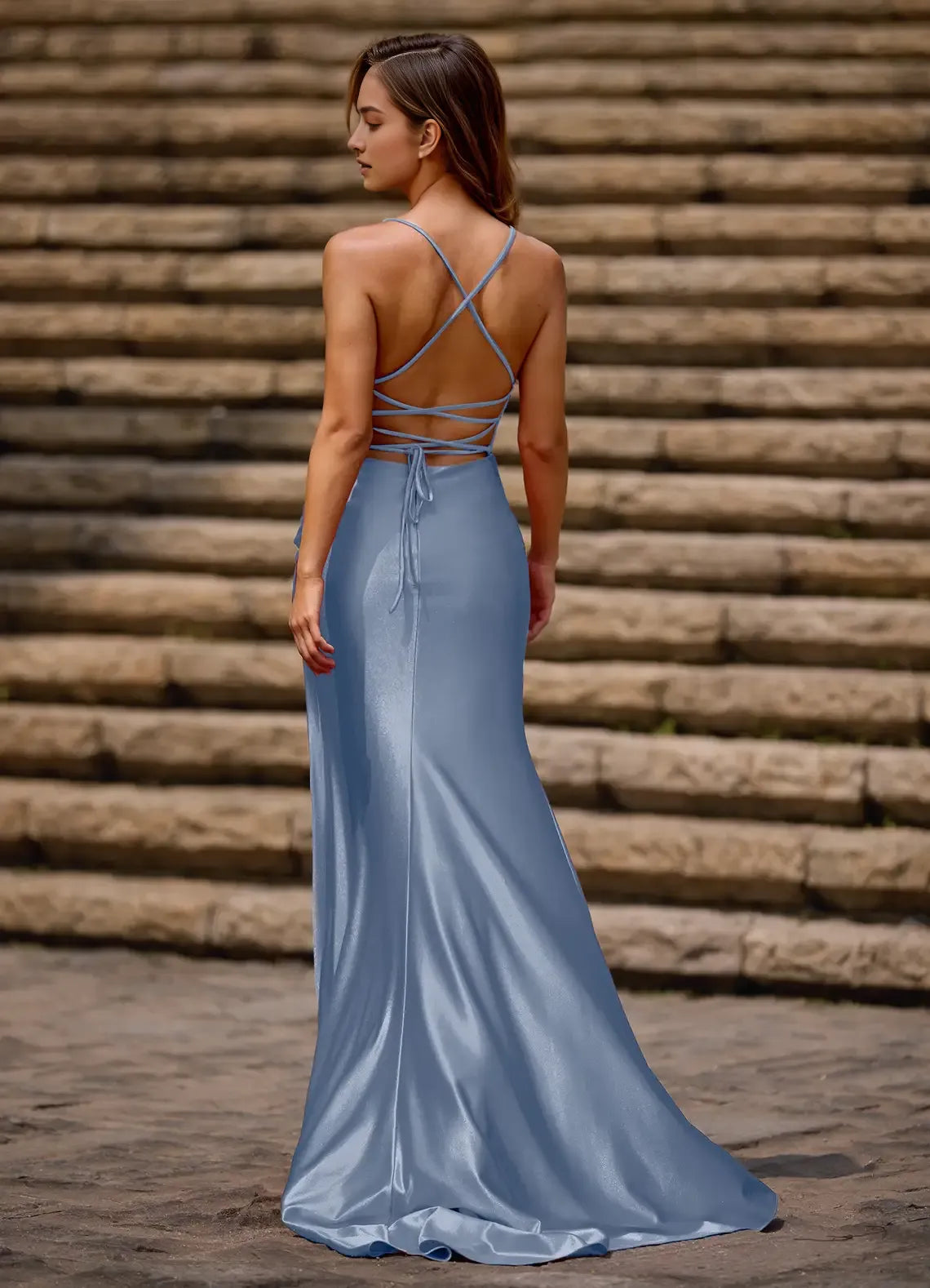 Elegant Red Column Square Neckline Sleeveless Crisscross Lace Up High-Side Leg Slit  Floor-Length Prom Dress with Pleated