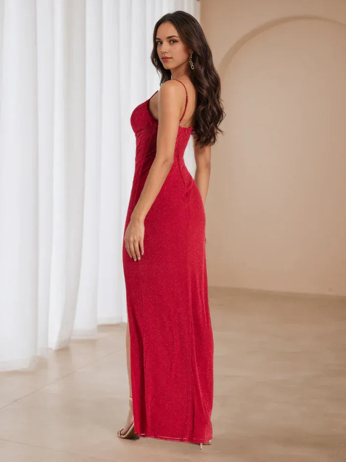 Elegant Red Glitter Gown Cowl Neck Sheer Detailing Slit for Sophisticated Evenings