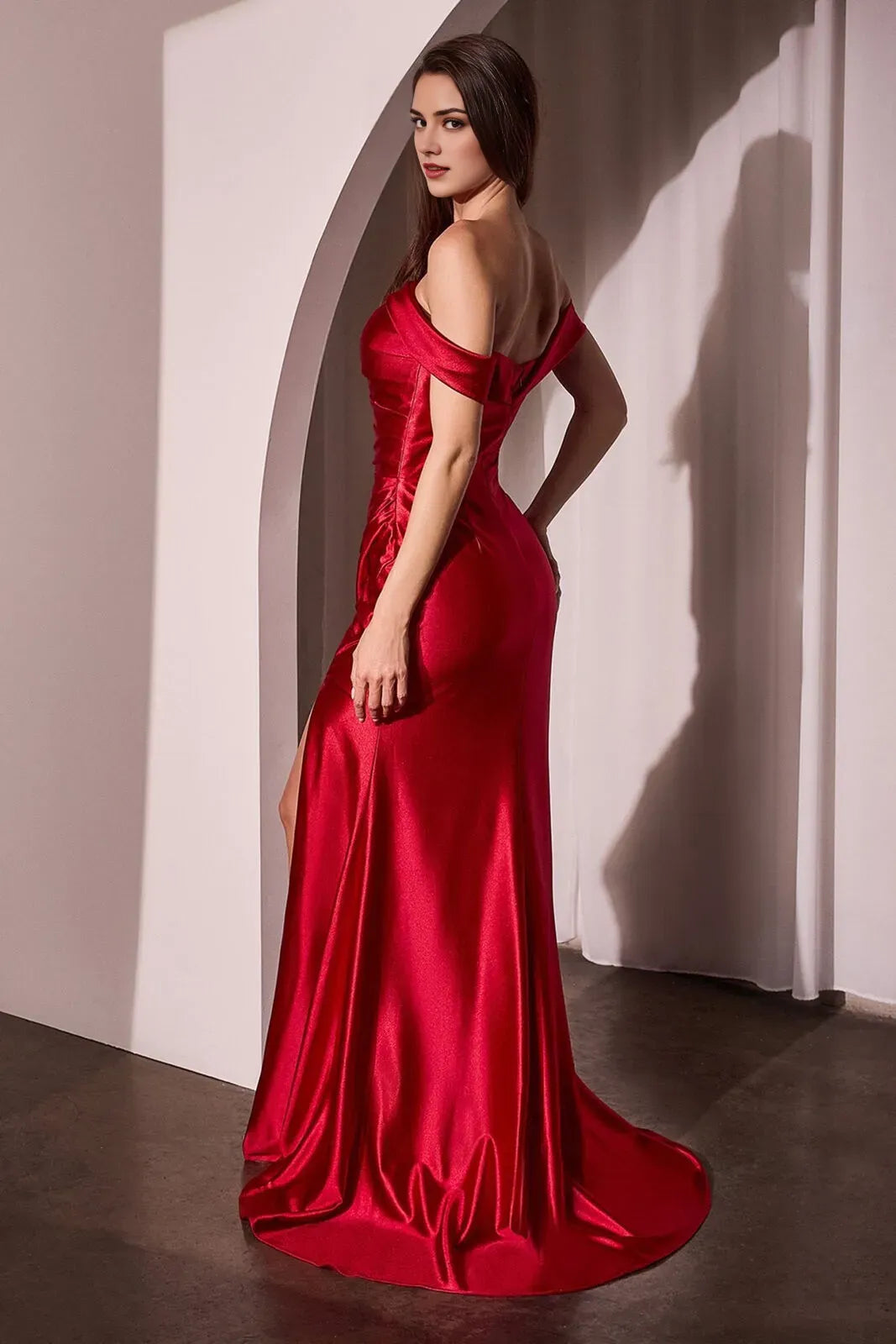 Elegant Red Mermaid Off-the-Shoulder Sleeveless Back Zip Floor-Length Ruched High Slit Satin Prom Dresses