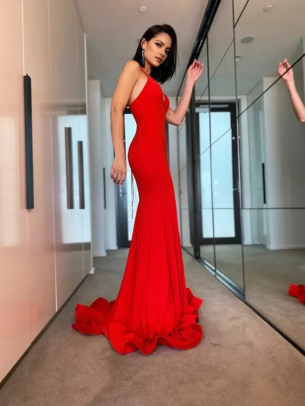 Elegant Red Mermaid V-neck Sleeveless Crisscross-Back Satin Ruffles Prom Dresses with Sweep/Brush Train
