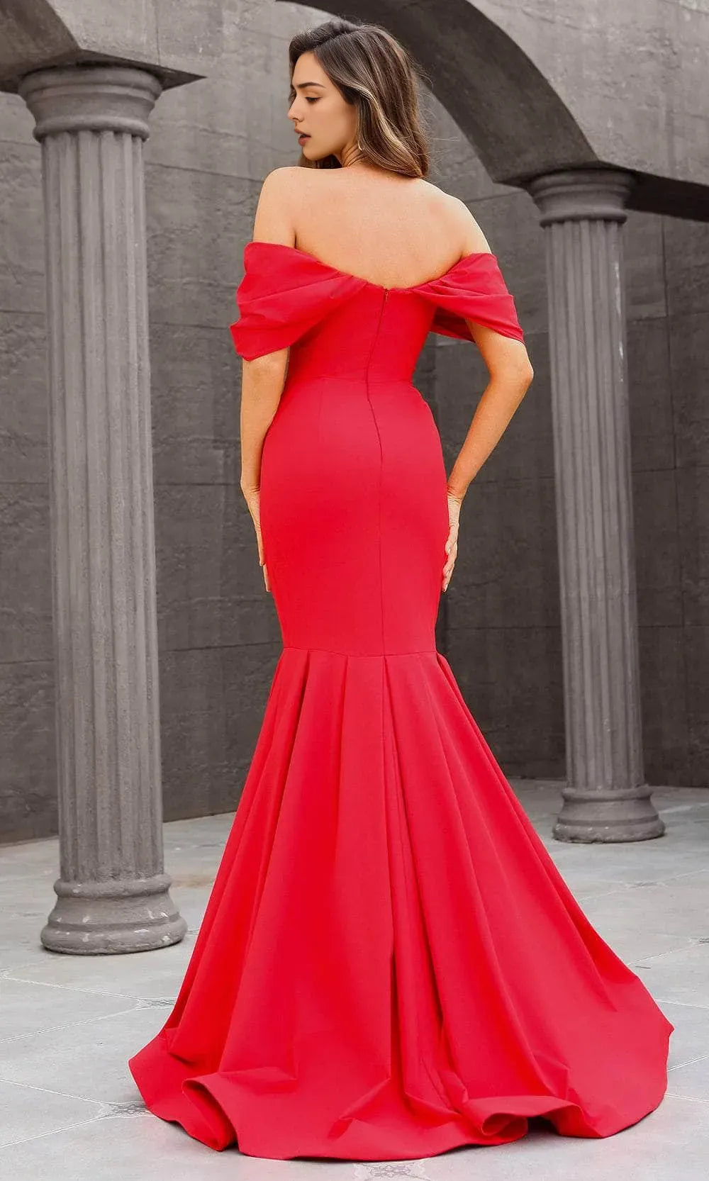 Elegant Red Off - Shoulder Mermaid Evening Dress with Flared Hem Perfect for Formal Black Tie Events